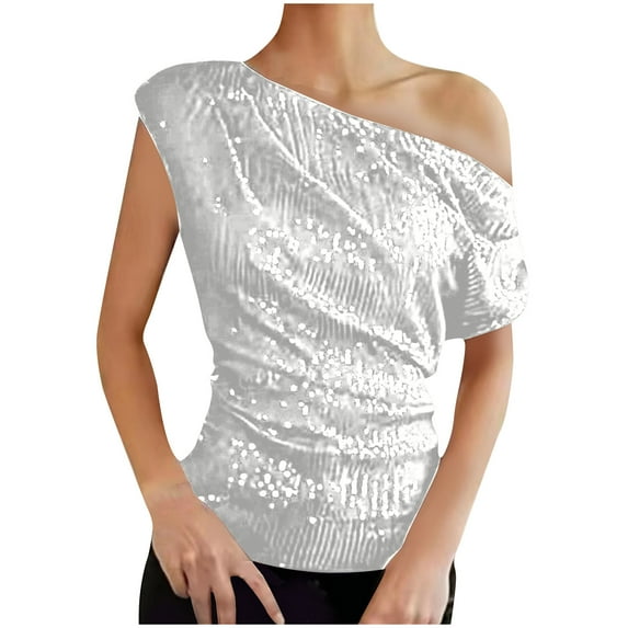 AXXD Womens Tops White Basic Summer 2024 Sequin Trendy Short Sleeve Skew Collar Casual T-shirt Top Solid Blouse