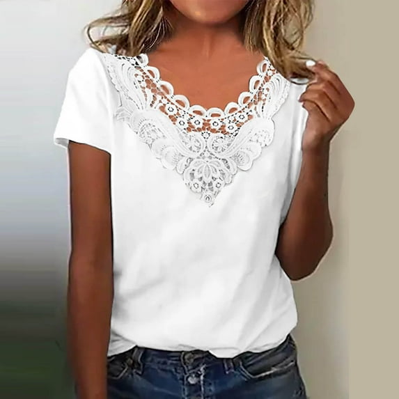 AXXD Womens Tshirts White Basic Summer 2024 Lace Solid Color Pullover V-Neck Long Sleeve T-Shirt Top
