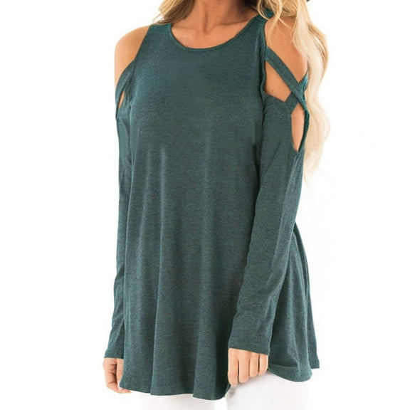 AXXD Womens Tunic Tops Basic Summer 2024 Temperament Solid Color Long Sleeved Off Shoulder Hollowed Out Top