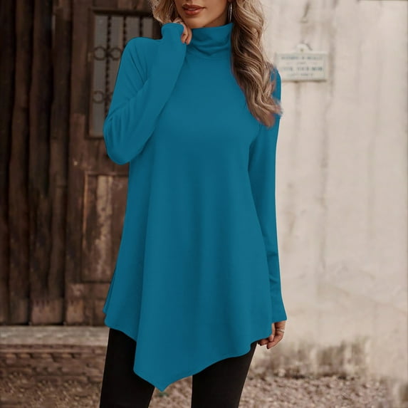 AXXD Womens Tunic Tops Basic Summer 2024 Temperament Solid Color Long Sleeved Round Neck Irregular Long Sleeved T-shirt