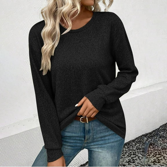 AXXD Womens Tunic Tops Black Basic Summer 2024 Loose Trendy Button Round-Neck Long Sleeve Casual T-shirt Top Solid Blouse