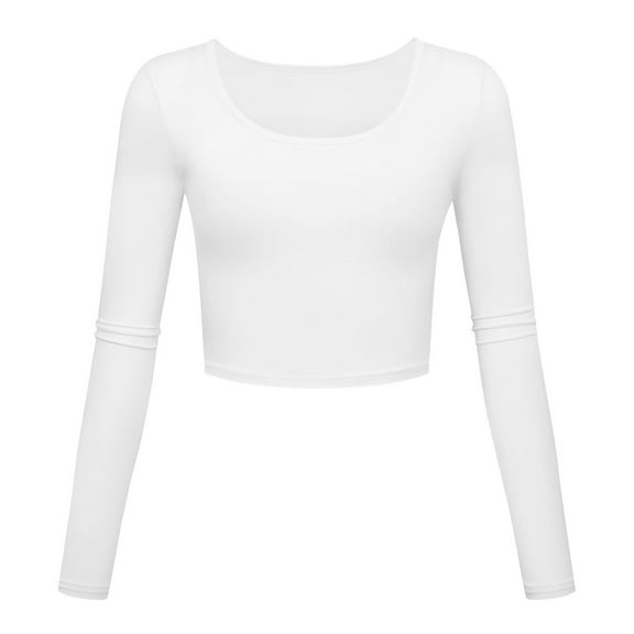 AXXD Womens Western Shirts White Basic Summer 2024 Workout Crop Comfortable Solid Color Tight Long Sleeve Round Neck Underlay Tops