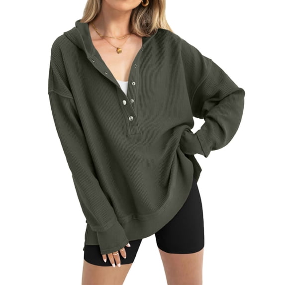 AXXD Womens Work Tops Basic Summer 2024 Casual Solid Color Hooded Button Round Neck Long Sleeved Loose Top