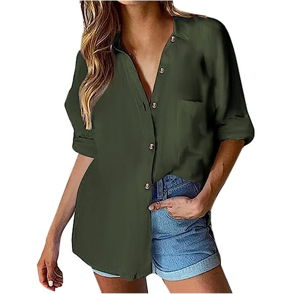 AXXD Womens Work Tops Basic Summer 2024 Loose Solid T-shirt Long Sleeves Blouse Turndown Collar Casual Tops