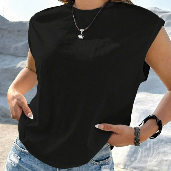 AXXD Womens Work Tops Black Basic Summer 2024 Casual Solid Color Loose Sleeveless T-shirt Top