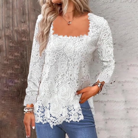 AXXD Womens Work Tops White Basic Summer 2024 Casual Solid Color Neck Long Sleeved T-shirt Top