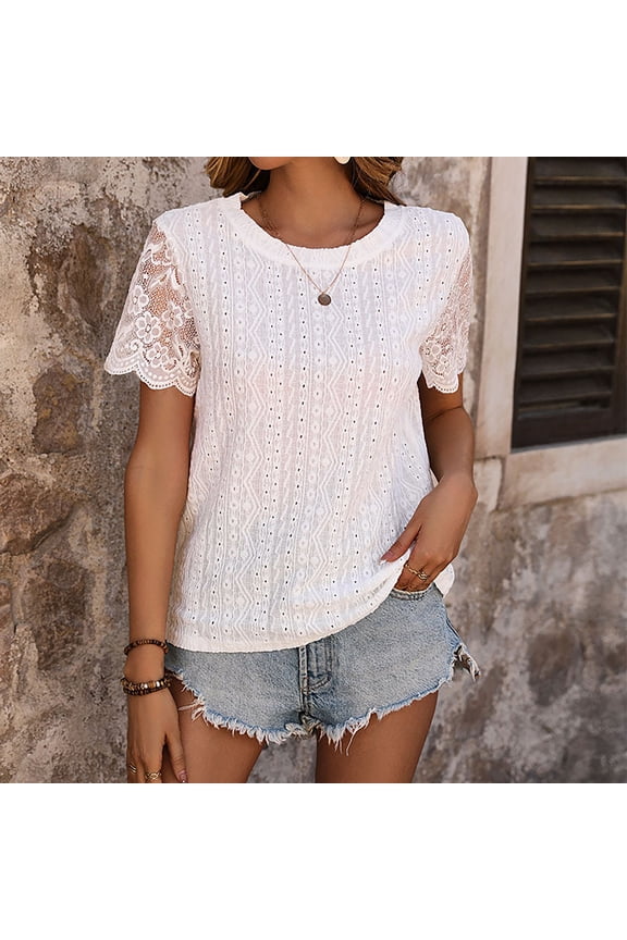 Womens Work Tops White Basic Summer 2024 Lace Patchwork Solid Round Neck Loose Fitting