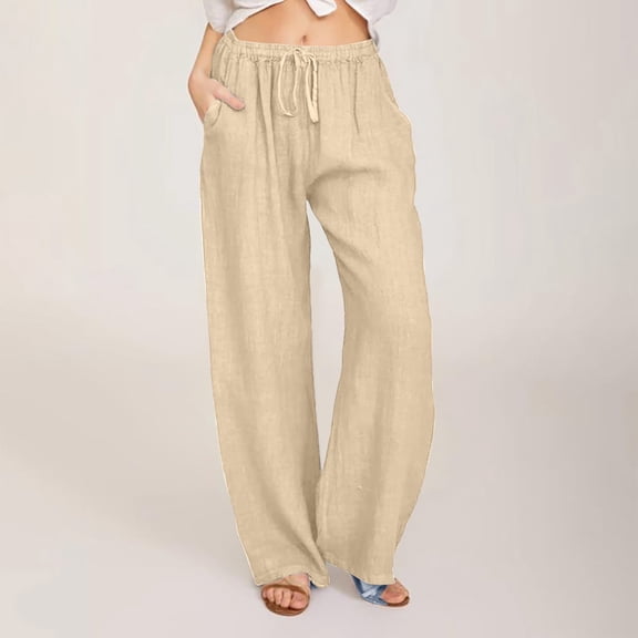 AXXD Work Pants for Women Casual Cotton Linen Drawstring Elastic Waist Long Wide Leg Pants Khaki Size 2XL(US:12)