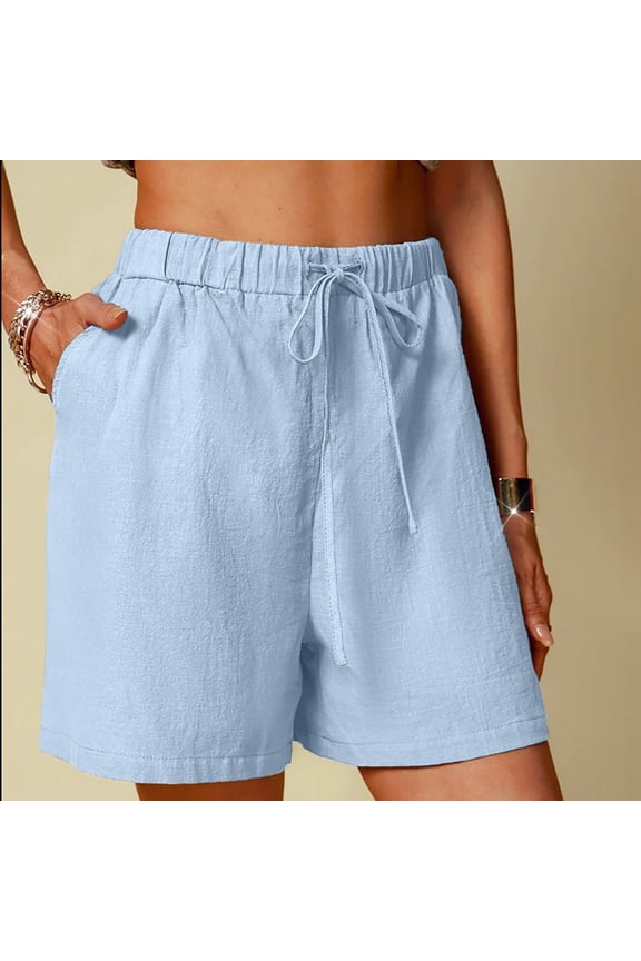 Workout Shorts Womens,Cotton Linen Shorts Solid Color Comfortable Elastic Wide Leg Shorts for Women High Waisted Plus Size Blue 8