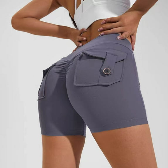 AXXD Yoga Shorts With Pockets,Yoga Shorts With Pockets for Women,Women Athletic Yoga Casual Stetch Shorts,Solid,High Waist Rise,Butt Lifting,PocketDark Gray,XL