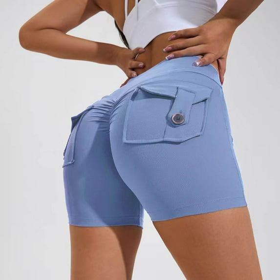 AXXD Yoga Shorts With Pockets,Yoga Shorts With Pockets for Women,Women Athletic Yoga Casual Stetch Shorts,Solid,High Waist Rise,Butt Lifting,PocketLight Blue,L (US:8)