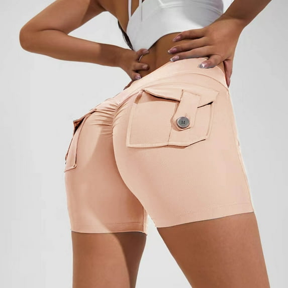 AXXD Yoga Shorts With Pockets,Yoga Shorts With Pockets for Women,Women Athletic Yoga Casual Stetch Shorts,Solid,High Waist Rise,Butt Lifting,PocketPink,L (US:8)