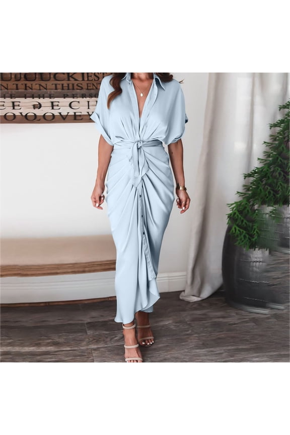 women dresses for special occasions,Sexy Summer Casual Short Sleeve Solid Button Fork Opening Dress graduation dress holiday dresses for women 2024 christmas