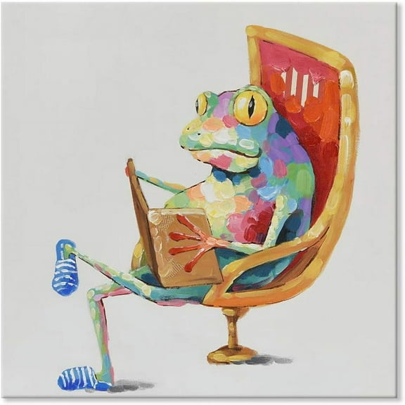 AXXPosters 100% Hand Painted Oil Painting Funny Animal with Stretched Frame Wall Art for Living Room Ready to Hang (Leisure Frog is Reading Book, 36 x 36 Inch)