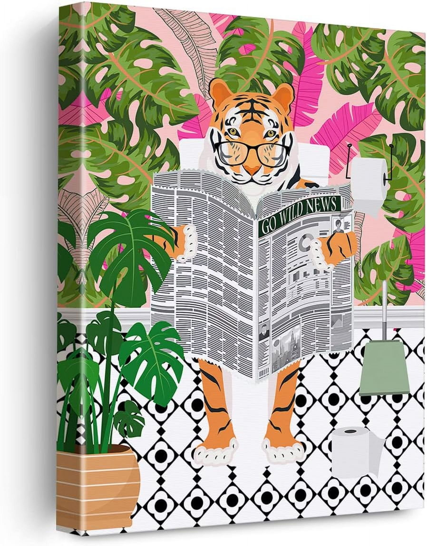 AXXPosters-Bathroom Tiger on Toilet Reading Newspaper Canvas Poster ...
