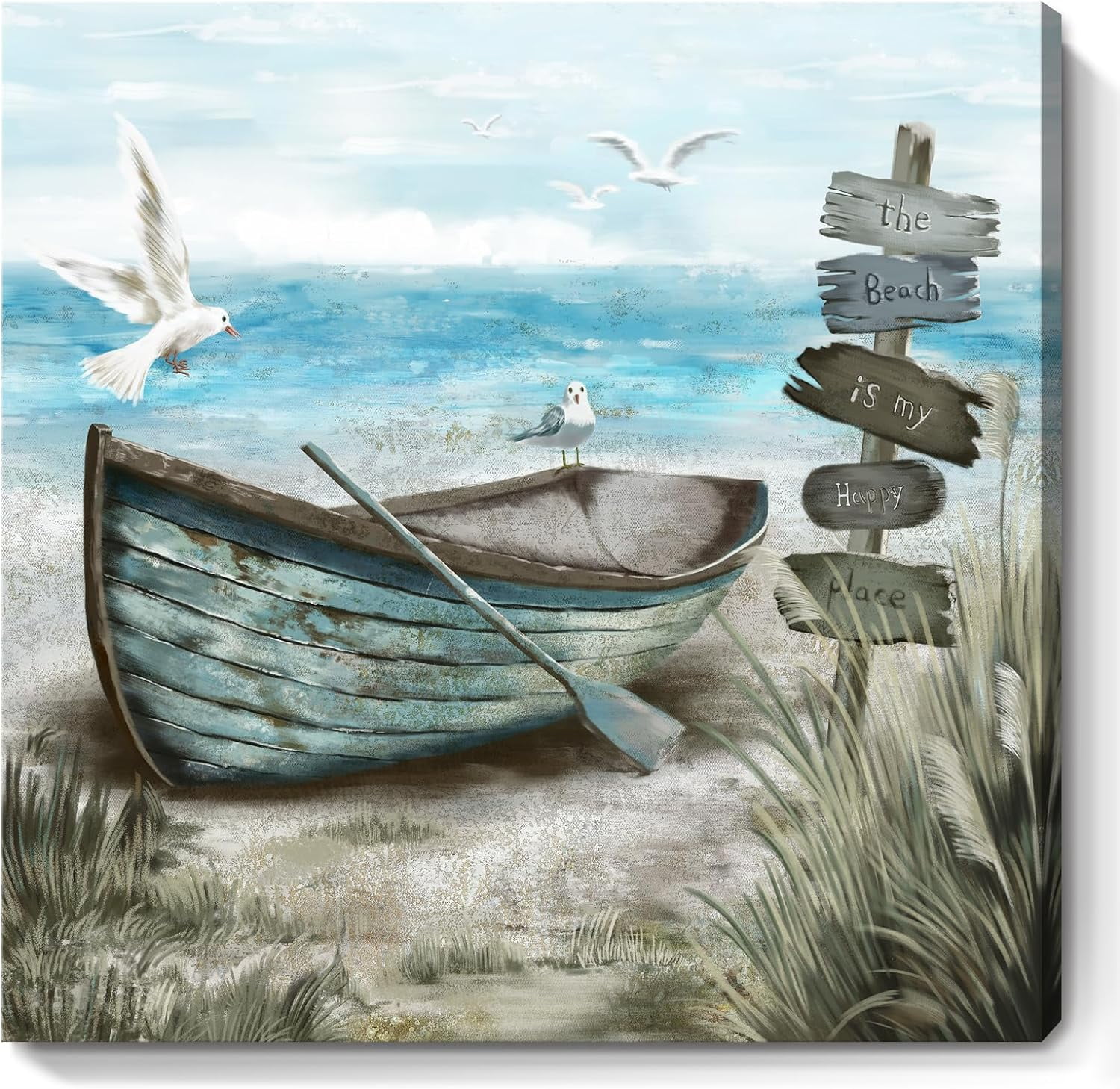 Coastal Blue Rowboat and Seagulls Canvas Wall Art
