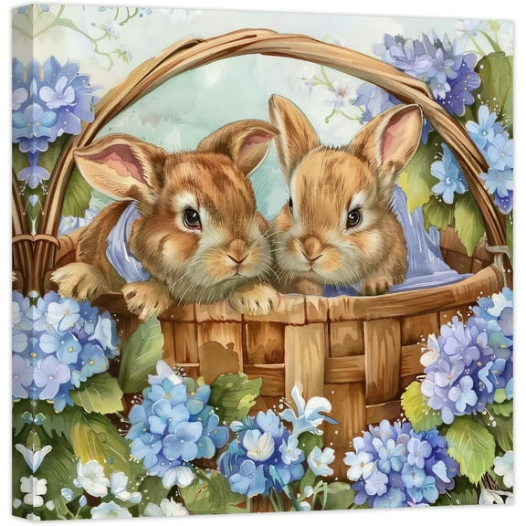 AXXPosters Unframed Bunny Wall Art Rabbit and Blue Floral Canvas Prints Poster Cute Animal Pictures Easter Home Room Wall Decor