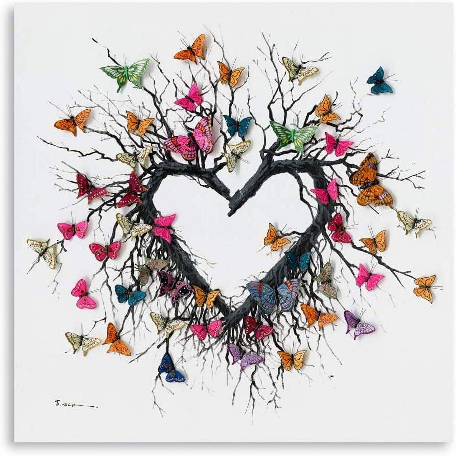 Heart-Shaped Branches with Colorful Butterflies Canvas Art