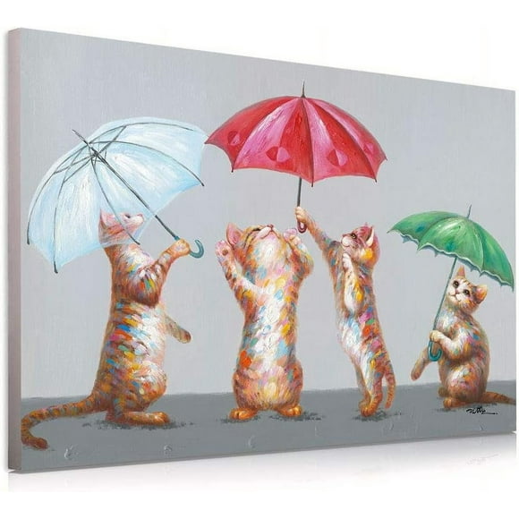 AXXPosters Colorful Cat Canvas Art Cute Kitty Dancing with Umbrella Cat Art for Walls 4 Cat Paintings Orange Kitty Picture Decor Cat Picture Artwork for Girls Room Bedroom Bathroom 16" x 12"