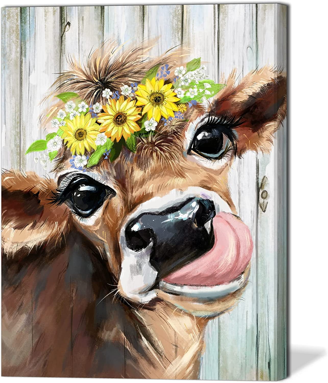 Rustic Brown Cow Canvas Artwork with Floral Wreath, 16" x 12"
