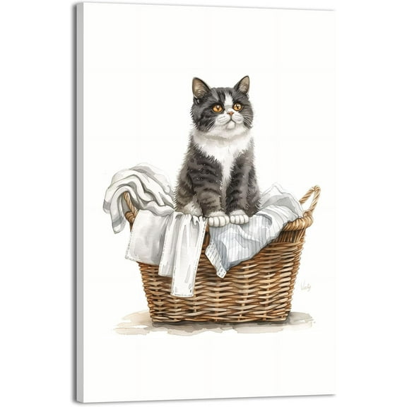 AXXPosters Cute Cat Picture for Laundry Room , Canvas Print Watercolor Cat in Laundry Basket Wall Art, Watercolor Cat Bathroom Wall Decor, Gifts for Boy Girl and Babies Poster Framed Ready to Hang