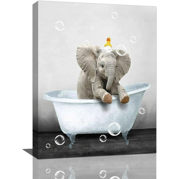 AXXPosters Elephant Bathroom Wall Art Funny Elephant Baby Wall Decor Farmhouse Cute Animal Pictures Canvas Prints Framed Modern Painting Artwork for Bathroom Lavatory Toilet Loo Living Room 12"x16"