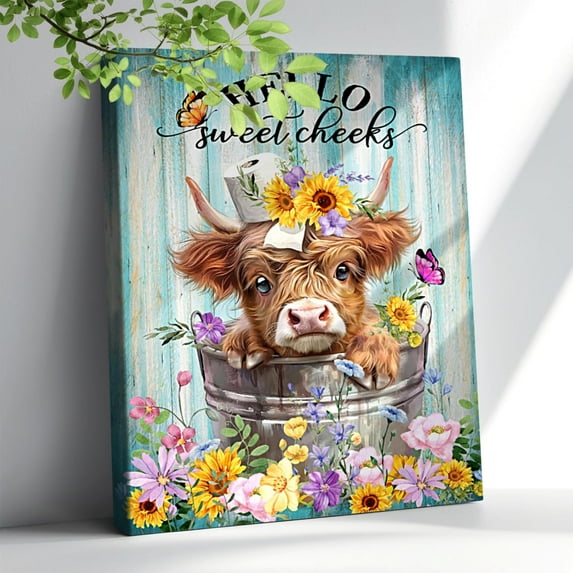 AXXPosters Farmhouse Cute Highland Cow Wall Art Colourful Flower Cow Baby In Bucket Pictures Canvas Wall Decor Western Country Cattle Bathroom Hello Sweet Cheecks Painting for Kids Room Kitchen