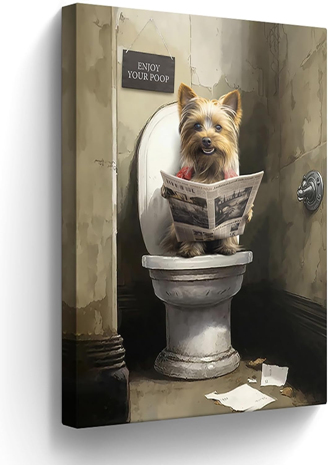 AXXPosters-Farmhouse Yorkshire Terrier Dog Sitting on Toilet Wall Art Funny Dogs Bathroom ...