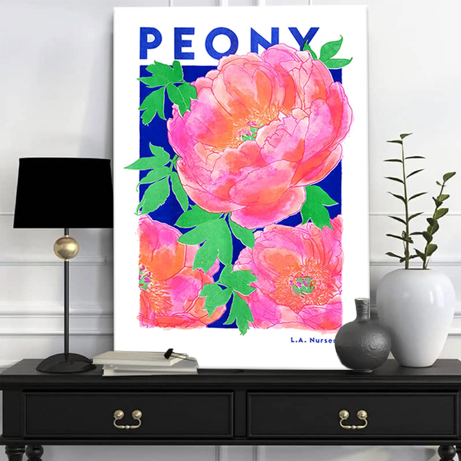 AXXPosters Framed Pink Flower Canvas Wall Art Vintage Peony Print ...