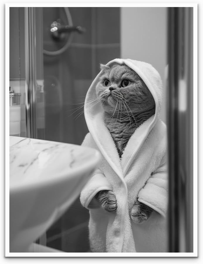 AXXPosters Fun bathroom art Cat wearing bathrobe Picture wall ...
