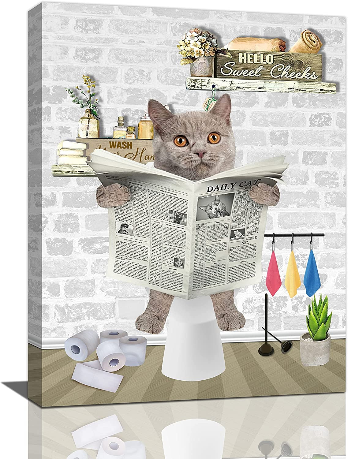 AXXPosters-Funny Bathroom Wall Art Cute Cat on Toilet Reading Newspaper ...