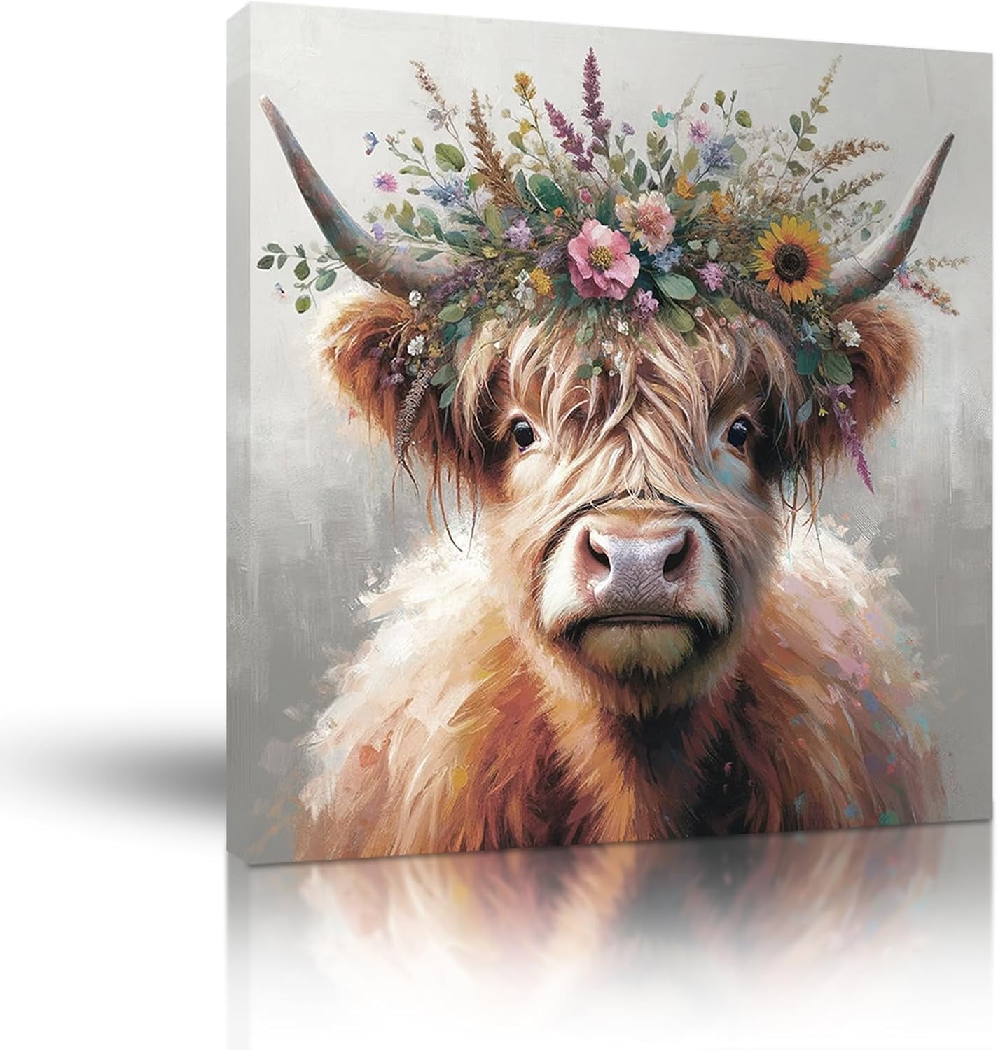 Floral Crown Highland Cow Canvas Art, 12 x 12