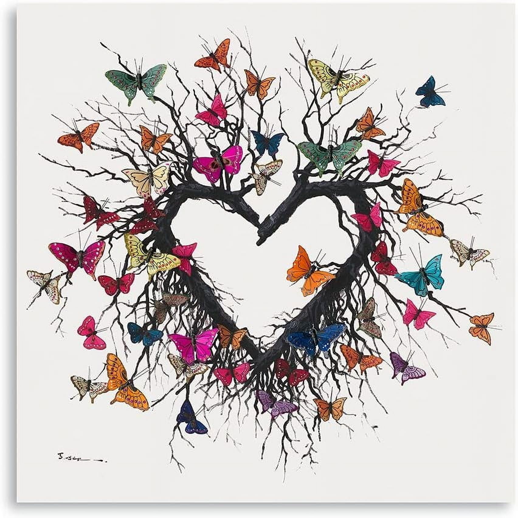 Heart-Shaped Branches with Colorful Butterflies Canvas Art