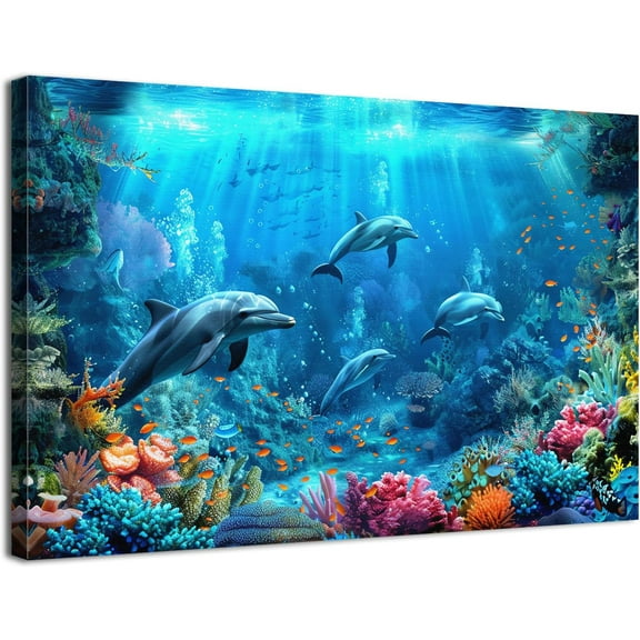 Aaheei Navy Blue Underwater World Wall Art Nautical Themed Ocean Posters Coastal Coral Dolphin Fish Bathroom Decor Colorful Seascape Painting Prints Artwork Living Room Bedroom Home Decorations