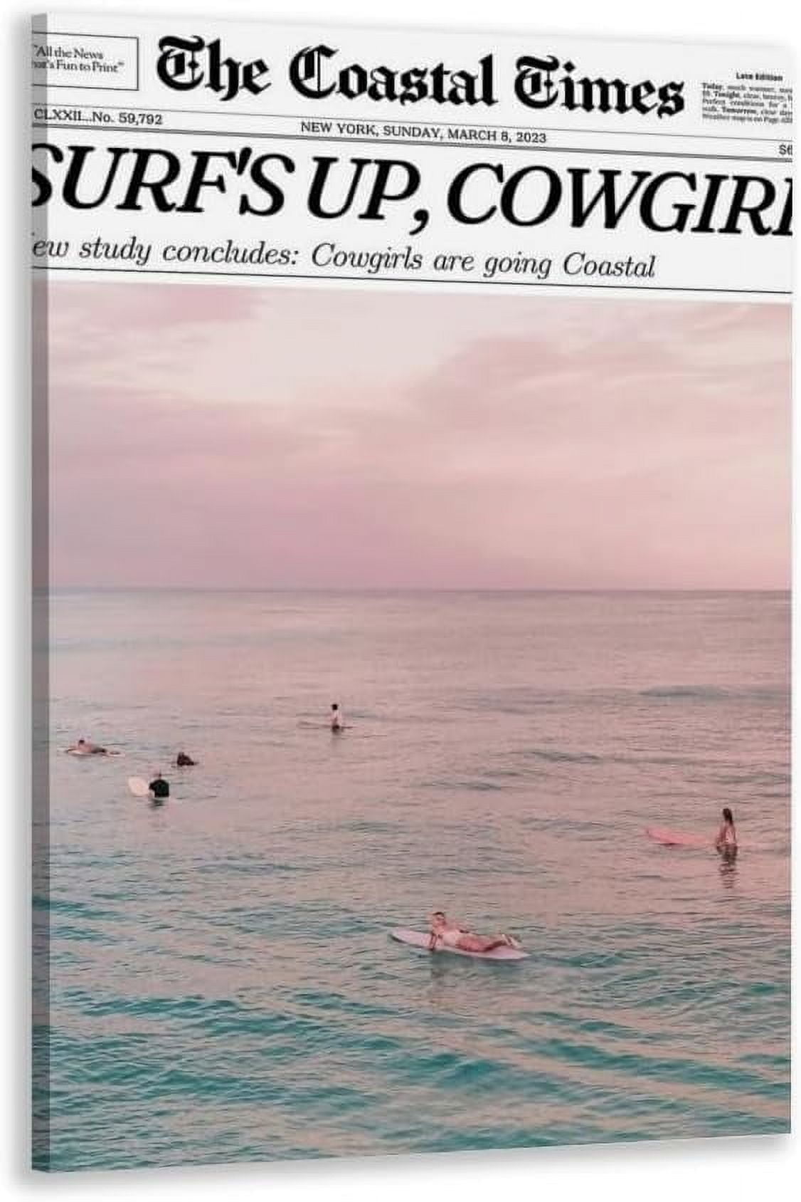 AXXPosters Summer Trendy Pink Beach Poster Coastal Cowgirl Surfing Wall Art Beach Canvas Prints Retro Newspaper Preppy Aesthetic Surf Up Wall Decor Bedroom 20x30in Framed