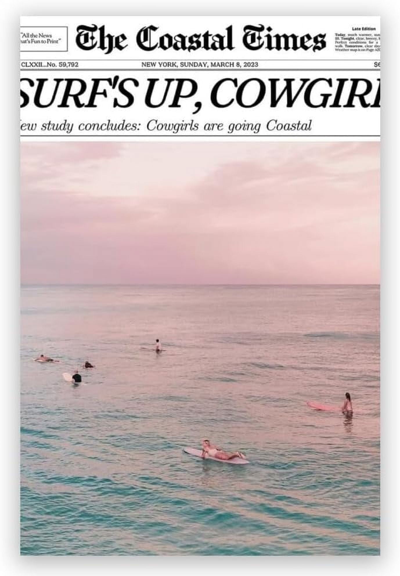 AXXPosters Summer Trendy Pink Beach Poster Coastal Cowgirl Surfing Wall Art Beach Canvas Prints Retro Newspaper Preppy Aesthetic Surf Up Wall Decor Bedroom 20x30in Framed