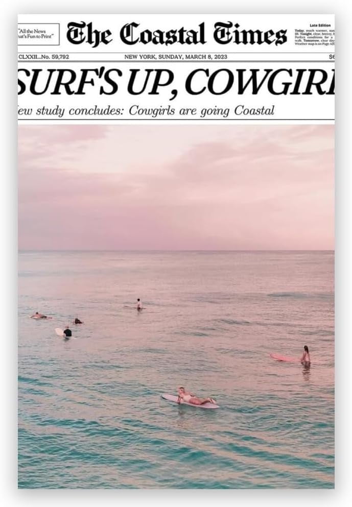 AXXPosters Summer Trendy Pink Beach Poster Coastal Cowgirl Surfing Wall Art Beach Canvas Prints Retro Newspaper Preppy Aesthetic Surf Up Wall Decor Bedroom 20x30in Framed