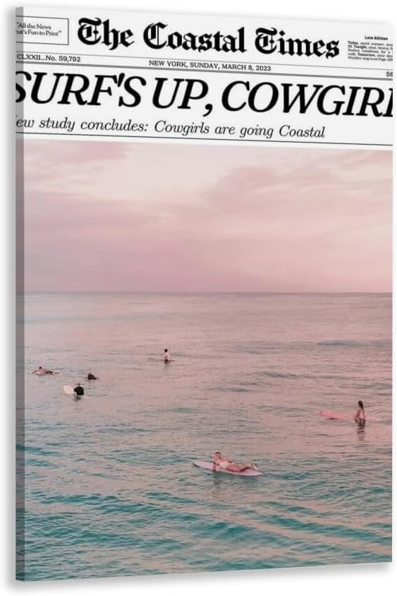 AXXPosters Summer Trendy Pink Beach Poster Coastal Cowgirl Surfing Wall Art Beach Canvas Prints Retro Newspaper Preppy Aesthetic Surf Up Wall Decor Bedroom 20x30in Framed