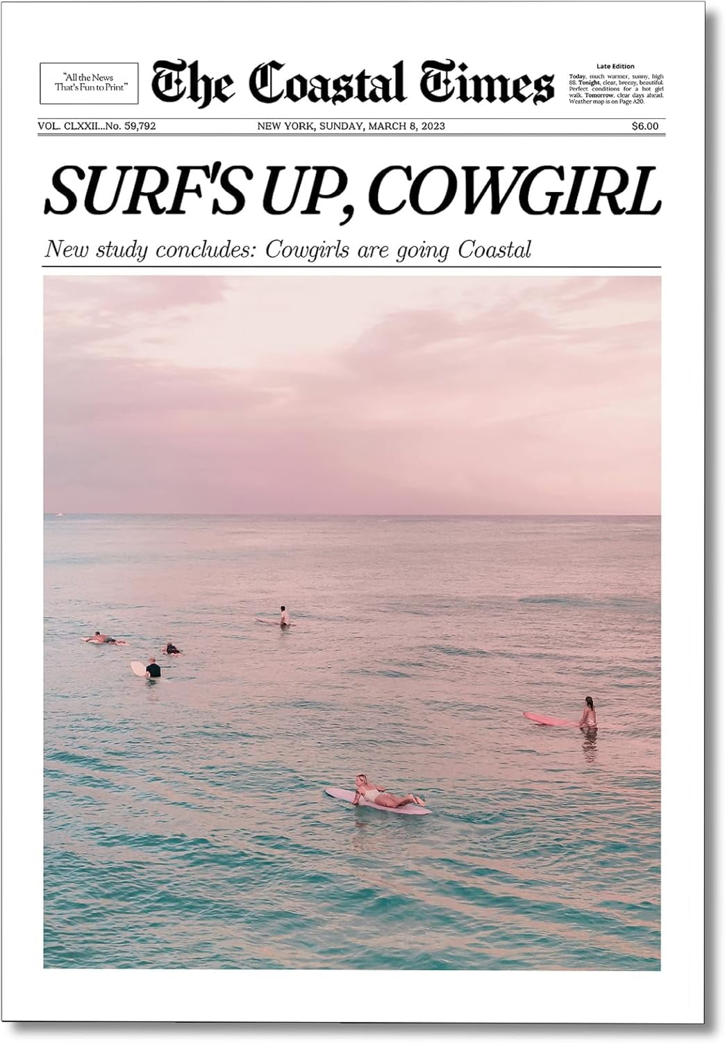 AXXPosters Summer Trendy Pink Beach Poster Coastal Cowgirl Surfing Wall Art Beach Canvas Prints Retro Newspaper Preppy Aesthetic Surf Up Wall Decor Bedroom 20x30in Framed