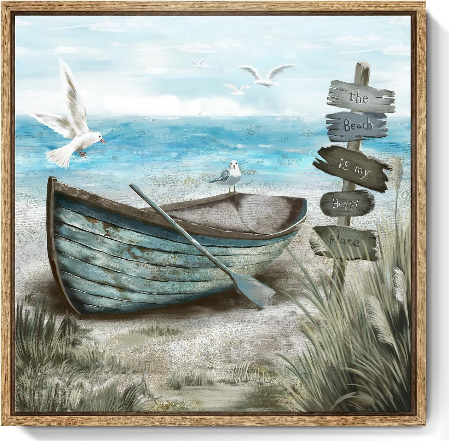 Rustic Coastal Blue and Tan Canvas Print with Rowboat and Seagulls