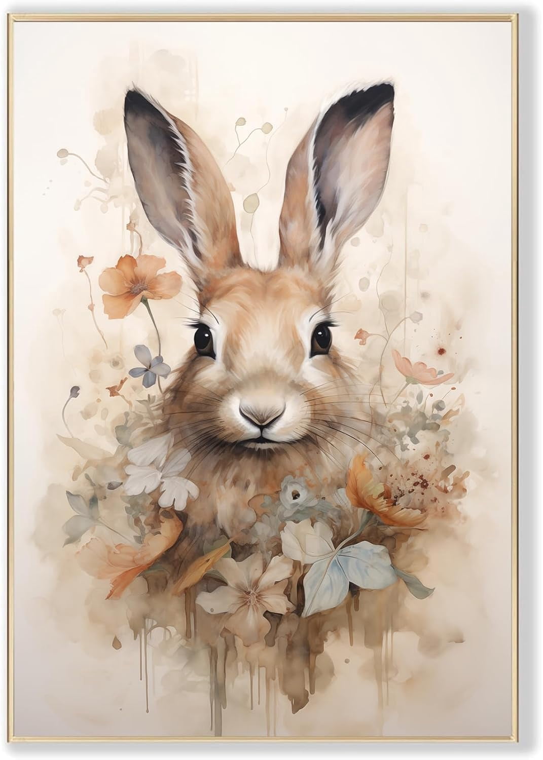 AXXPosters Watercolor Rabbit Wall Art Bunny with Flowers Picture Funny ...