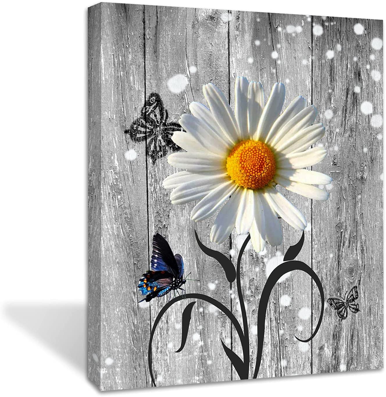 Gray and White Daisy Flower Canvas Wall Art with Butterflies, 20" x 16"