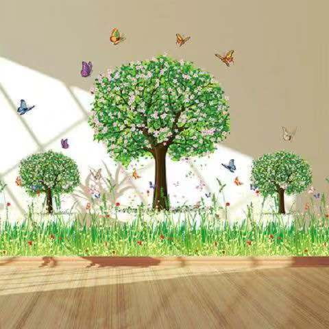 AY894 Spring Meadow Green Tree Wall Decal for Living Room Bedroom TV Background, Self-Adhesive Decorative Sticker