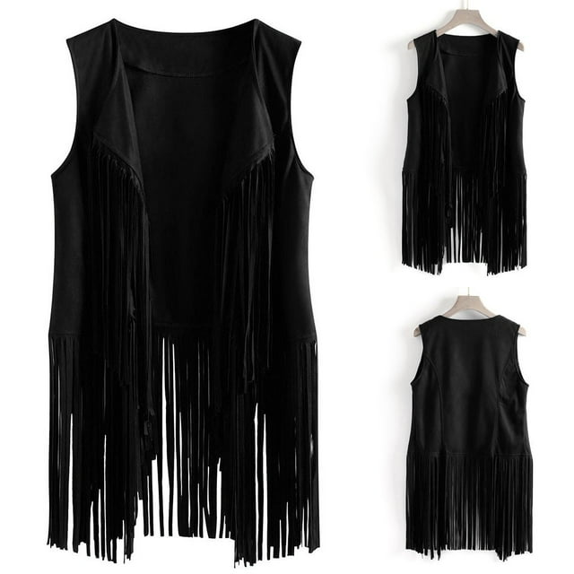AYA Women Casual Top Suede Ethnic Sleeveless Tassels Fringed Lapel Vest