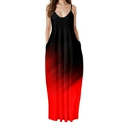 AYA Women Long Maxi Dress V Neck Loose Sleeveless Print Dress Boho Beach Sundress Sexy Pocket