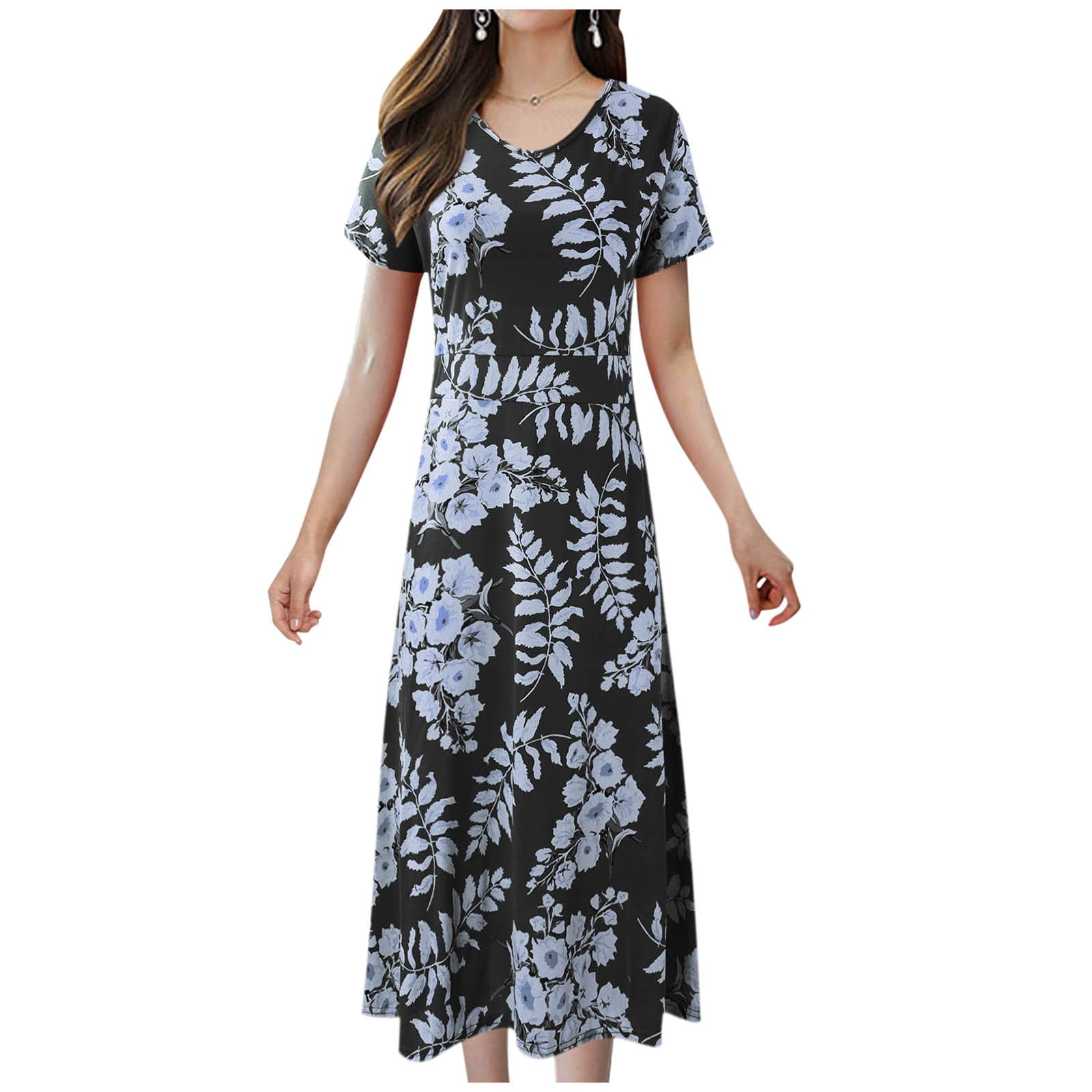 Women's Boho Maxi Dress With Pockets – V Neck Short Sleeve Smocked Waist Flowy Wedding Guest Dress