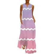 AYA Women's' Beach SunDress Stripe Printing V Neck Sleeveless Boho Long Maxi Dress