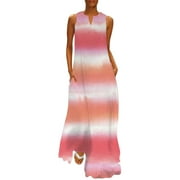 AYA Women's Casual Colorful Print V Neck Sleeveless Boho Long Maxi Dress
