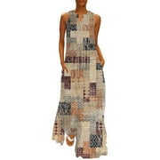 AYA Women's Casual Vintage Print V Neck Sleeveless Boho Long Maxi Dress For Beach Vacation
