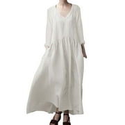 AYA Women's Fashion Long Sleeve V Neck Casual Linen Maxi Dress With Elegant Vest Design